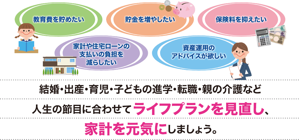 結婚・出産・育児・子どもの進学・転職・親の介護など人生の節目に合わせてライフプランを見直し、家計を元気にしましょう。