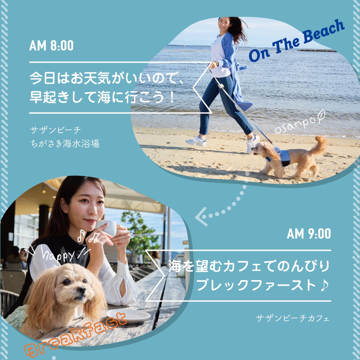 AM 8:00今日はお天気がいいので、早起きして海に行こう！AM 9:00海を望むカフェでのんびりブレックファースト