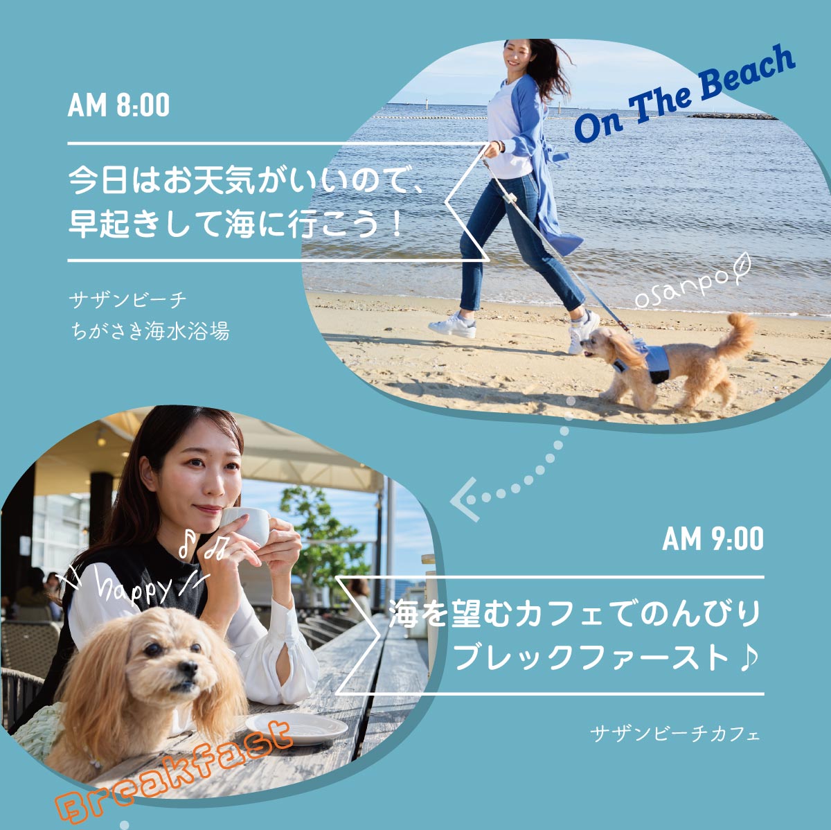 AM 8:00今日はお天気がいいので、早起きして海に行こう！AM 9:00海を望むカフェでのんびりブレックファースト