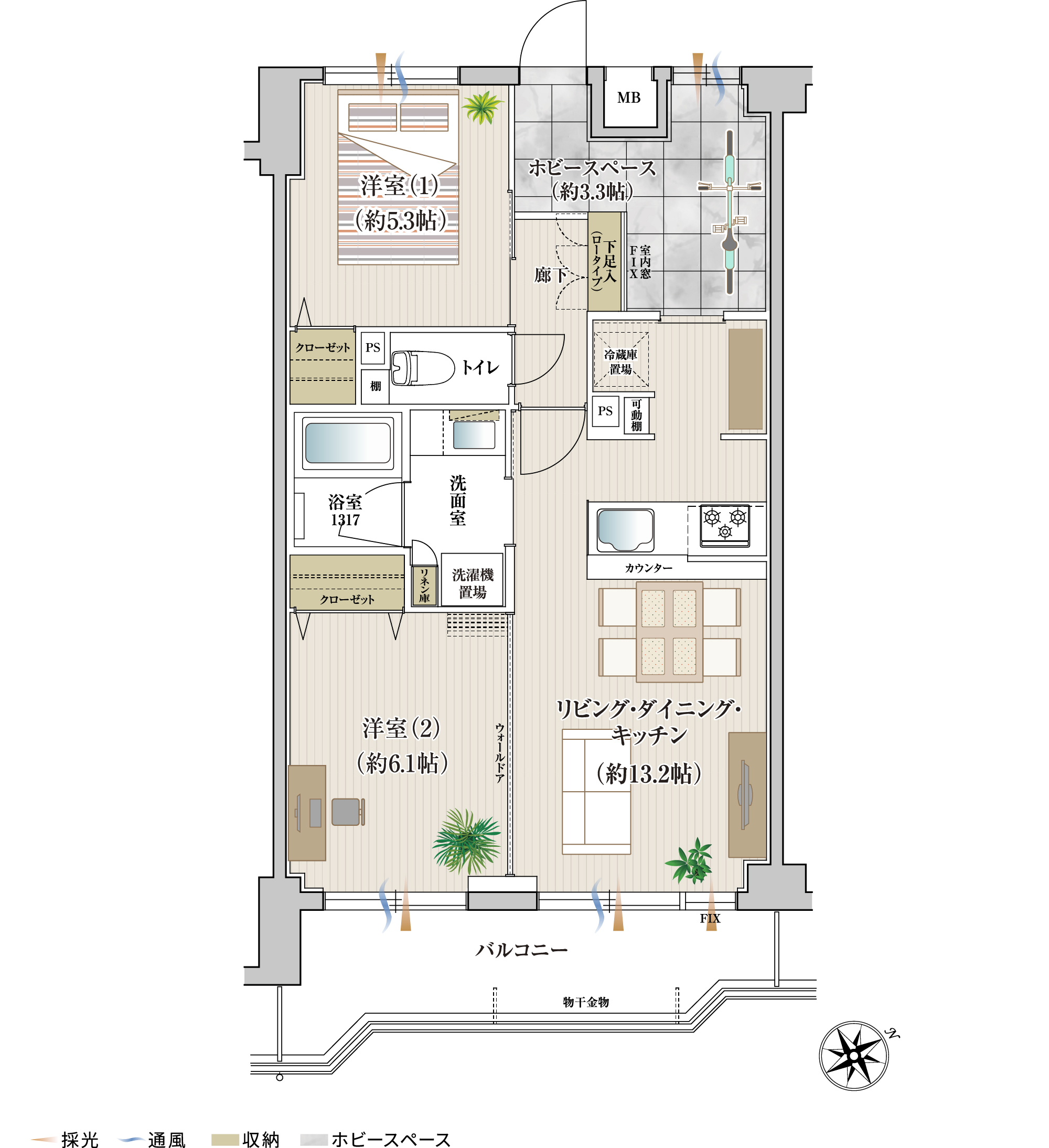 家具レイアウト：2LDK+ホビースペース