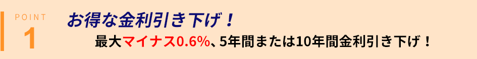 お得な金利引き下げ！最大マイナス0.6%、５年間または10年間引き下げ！