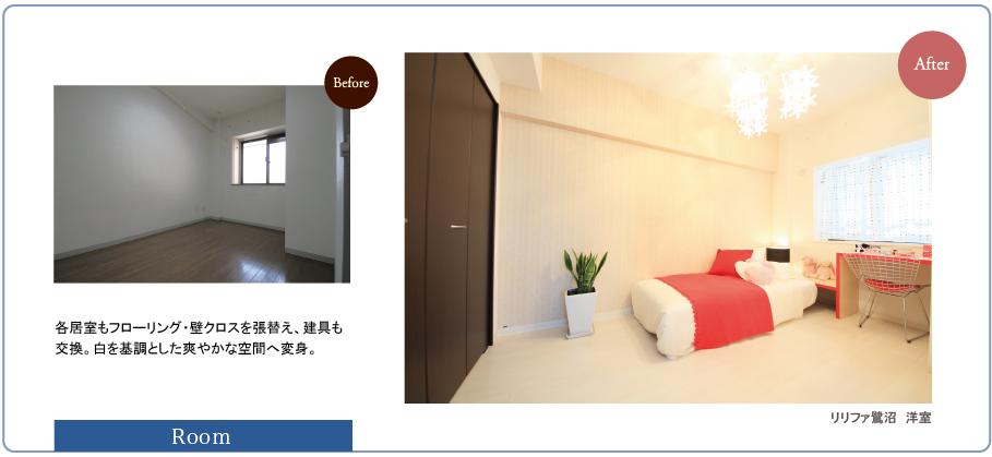 リリファ鷺沼　洋室　各居室もフローリング・壁クロスを張替え、建具も交換。白を基調とした爽やかな空間へ変身。