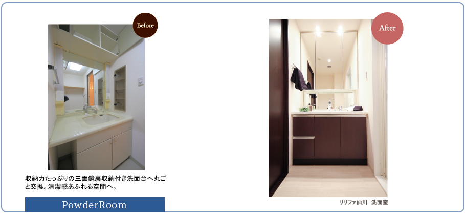 リリファ仙川　洗面室　収納力たっぷりの三面鏡裏収納付き洗面台へ丸ご
と交換。清潔感あふれる空間へ。